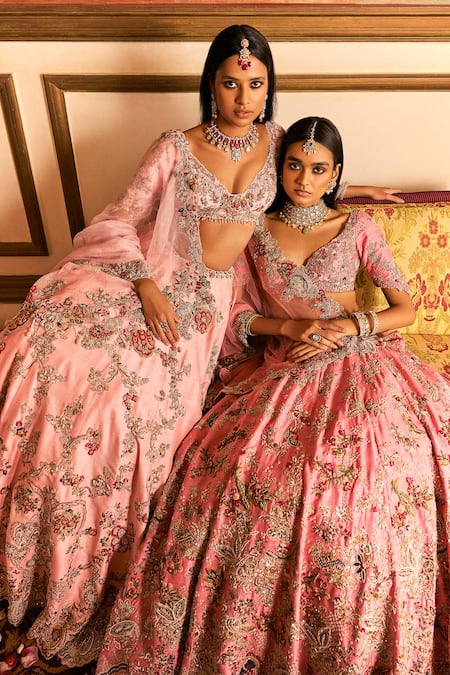 Buy_Dolly J_Pink Silk, Organza Embroidery, Zari Plunge Neck Floral Bridal Lehenga Set _Online_at_Aza_Fashions