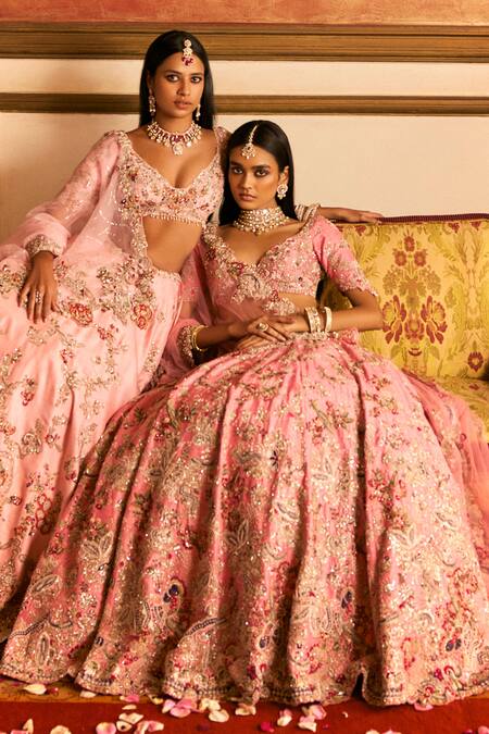 Shop_Dolly J_Pink Silk, Organza Embroidery, Zari Plunge Neck Floral Bridal Lehenga Set _Online_at_Aza_Fashions