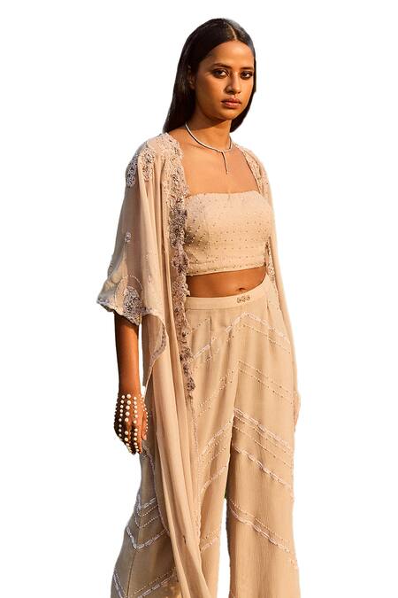 Dolly J Ivory Chiffon Pearls, Embroidery Square Neck, Chikankari Cape With Pant Set Online at Aza Fashions Dolly J_Ivory Chiffon Pearls, Embroidery Square Neck, Chikankari Cape With Pant Set _Online_at_Aza_Fashions