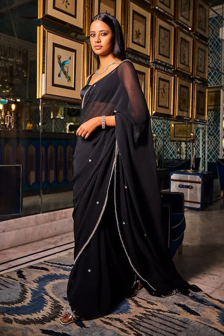 Dolly J Black Chiffon Embellished Lace Plunge Hem Saree With Blouse 