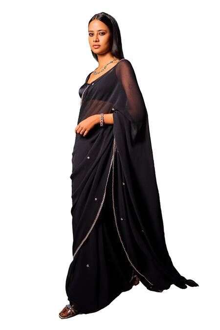 Dolly J Black Silk, Chiffon Lace Plunge Neck Embellished Hem Saree With Blouse Online at Aza Fashions Dolly J_Black Silk, Chiffon Lace Plunge Neck Embellished Hem Saree With Blouse _Online_at_Aza_Fashions