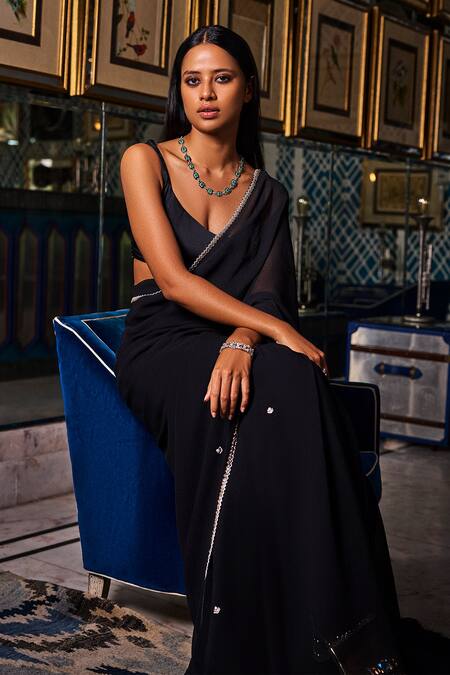 Buy Dolly J Black Silk, Chiffon Lace Plunge Neck Embellished Hem Saree With Blouse Online at Aza Fashions Buy_Dolly J_Black Silk, Chiffon Lace Plunge Neck Embellished Hem Saree With Blouse _Online_at_Aza_Fashions
