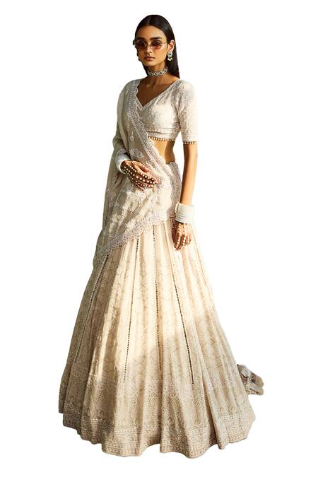 Dolly J Ivory Organza, Chiffon Embroidery V-neck Chikankari Lehenga Blouse Set Online at Aza Fashions Dolly J_Ivory Organza, Chiffon Embroidery V-neck Chikankari Lehenga Blouse Set_Online_at_Aza_Fashions