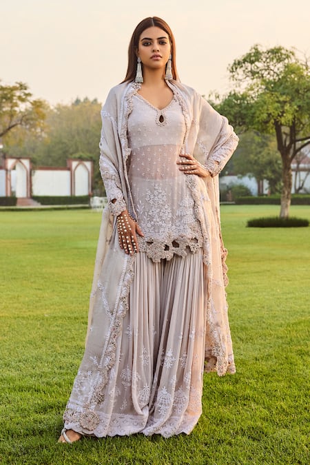 Dolly J Ivory Pearls, Sequins, Beads Keyhole Jazz Floral Embroidered Kurta Sharara Set 