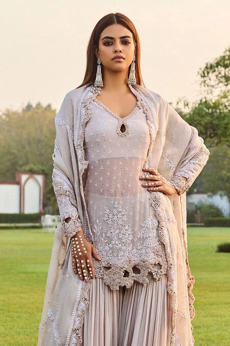 Buy Dolly J Ivory Pearls, Sequins, Beads Keyhole Jazz Floral Embroidered Kurta Sharara Set Online at Aza Fashions Buy_Dolly J_Ivory Pearls, Sequins, Beads Keyhole Jazz Floral Embroidered Kurta Sharara Set _Online_at_Aza_Fashions