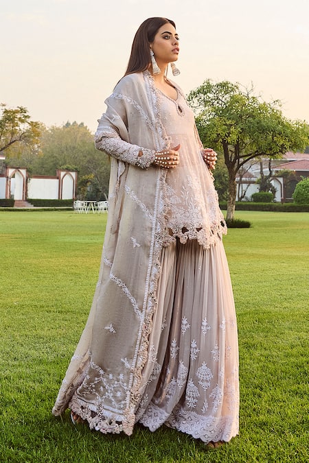 Shop Dolly J Ivory Pearls, Sequins, Beads Keyhole Jazz Floral Embroidered Kurta Sharara Set at Aza Fashions Shop_Dolly J_Ivory Pearls, Sequins, Beads Keyhole Jazz Floral Embroidered Kurta Sharara Set _at_Aza_Fashions