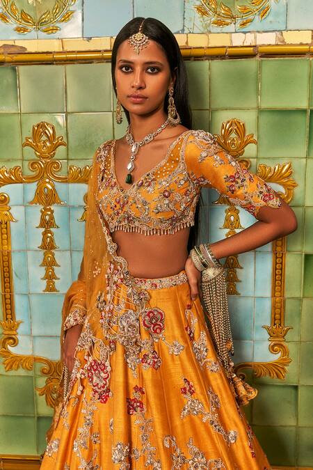 Dolly J Yellow Silk, Organza Beads, Embroidery Elaheh Thread Work Bridal Lehenga Set Online at Aza Fashions Dolly J_Yellow Silk, Organza Beads, Embroidery Elaheh Thread Work Bridal Lehenga Set _Online_at_Aza_Fashions