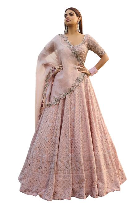 Dolly J Pink Organza, Chiffon Sequins Scoop Neck Adah Paisley Embroidered Lehenga Set Online at Aza Fashions Dolly J_Pink Organza, Chiffon Sequins Scoop Neck Adah Paisley Embroidered Lehenga Set _Online_at_Aza_Fashions
