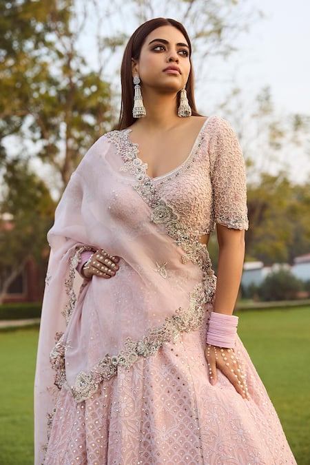 Shop Dolly J Pink Organza, Chiffon Sequins Scoop Neck Adah Paisley Embroidered Lehenga Set at Aza Fashions Shop_Dolly J_Pink Organza, Chiffon Sequins Scoop Neck Adah Paisley Embroidered Lehenga Set _at_Aza_Fashions