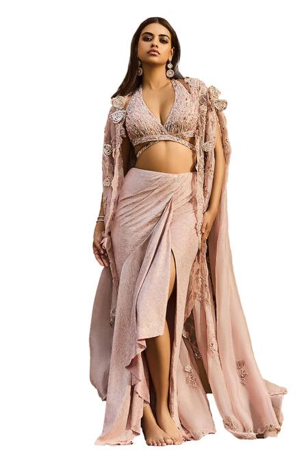 Dolly J_Pink Lycra, Organza Beads Halter Neck Allora Embroidered Cape Draped Skirt Set _Online_at_Aza_Fashions