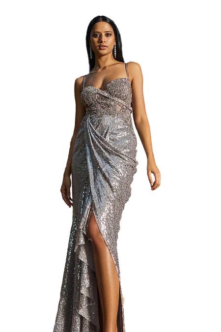 Dolly J Grey Silk Sequins Sweetheart Neck Anya Embroidered Draped Gown Online at Aza Fashions Dolly J_Grey Silk Sequins Sweetheart Neck Anya Embroidered Draped Gown _Online_at_Aza_Fashions