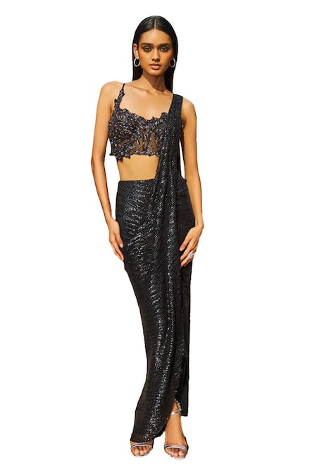 Dolly J_Blue Silk Sequins, Embroidery Bonita Stripe Draped Saree With Blouse _Online_at_Aza_Fashions