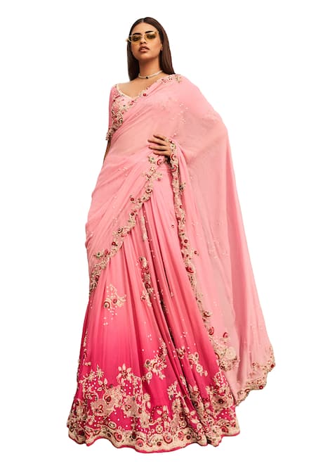 Dolly J Pink Silk, Chiffon Embroidery, Sequins V-neck Resham Lehenga Saree With Blouse Online at Aza Fashions Dolly J_Pink Silk, Chiffon Embroidery, Sequins V-neck Resham Lehenga Saree With Blouse _Online_at_Aza_Fashions