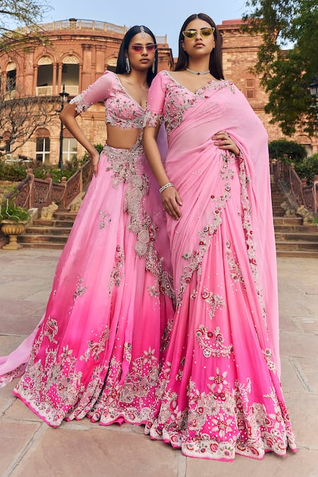 Buy Dolly J Pink Silk, Chiffon Embroidery, Sequins V-neck Resham Lehenga Saree With Blouse Online at Aza Fashions Buy_Dolly J_Pink Silk, Chiffon Embroidery, Sequins V-neck Resham Lehenga Saree With Blouse _Online_at_Aza_Fashions