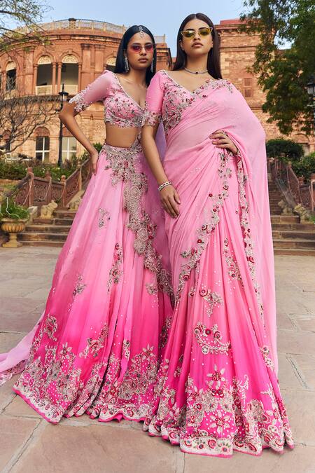 Dolly J Pink Silk, Chiffon Pearls, Embroidery V-neck Floral Lehenga Set Online at Aza Fashions Dolly J_Pink Silk, Chiffon Pearls, Embroidery V-neck Floral Lehenga Set _Online_at_Aza_Fashions