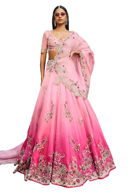 Buy Dolly J Pink Silk, Chiffon Pearls, Embroidery V-neck Floral Lehenga Set Online at Aza Fashions Buy_Dolly J_Pink Silk, Chiffon Pearls, Embroidery V-neck Floral Lehenga Set _Online_at_Aza_Fashions