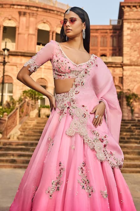 Shop Dolly J Pink Silk, Chiffon Pearls, Embroidery V-neck Floral Lehenga Set at Aza Fashions Shop_Dolly J_Pink Silk, Chiffon Pearls, Embroidery V-neck Floral Lehenga Set _at_Aza_Fashions