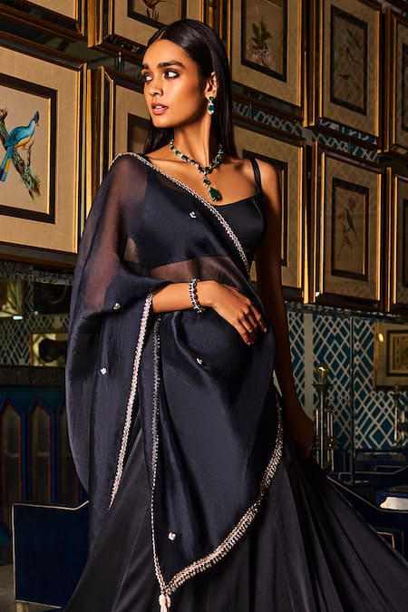 Shop Dolly J Black Satin, Organza Pearls, Zari Placement Zardozi Embroidered Lehenga Set at Aza Fashions Shop_Dolly J_Black Satin, Organza Pearls, Zari Placement Zardozi Embroidered Lehenga Set _at_Aza_Fashions