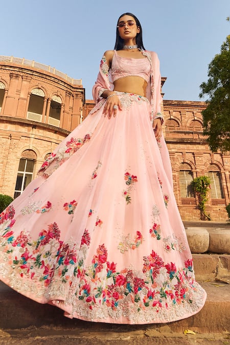 Shop Dolly J Pink Organza Embroidery, Pearls Scoop Neck Bridal Lehenga Set at Aza Fashions Shop_Dolly J_Pink Organza Embroidery, Pearls Scoop Neck Bridal Lehenga Set _at_Aza_Fashions