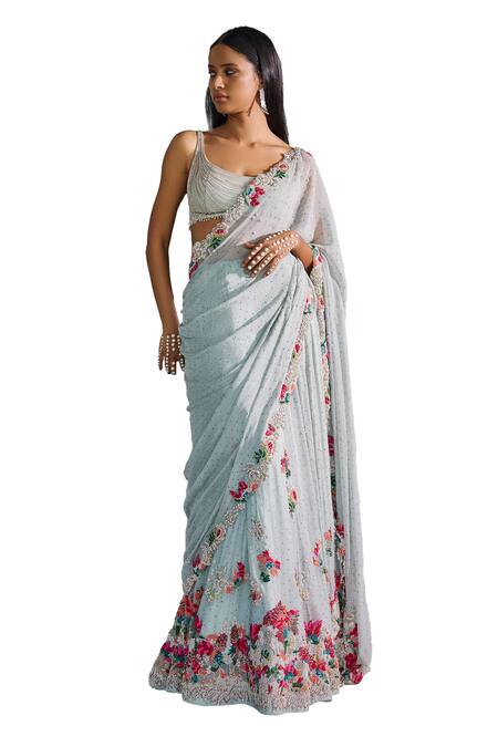 Dolly J_Blue Chiffon Embroidery Scoop Neck Kamdani Lehenga Saree With Blouse _Online_at_Aza_Fashions