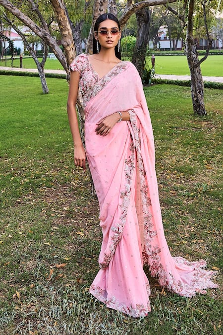 Dolly J Pink Chiffon Embroidery Abstract Floral V Neck Kamdani Saree With Blouse 