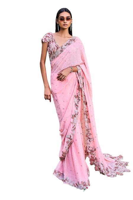 Dolly J_Pink Silk, Chiffon Beads, Pearls V-neck Kamdani Embroidered Saree With Blouse _Online_at_Aza_Fashions