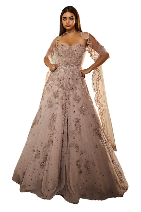 Shop Dolly J Ivory Tulle, Chiffon Crystals, Beads Kamdani Embroidered Anarkali With Dupatta Online at Aza Fashions Shop_Dolly J_Ivory Tulle, Chiffon Crystals, Beads Kamdani Embroidered Anarkali With Dupatta _Online_at_Aza_Fashions