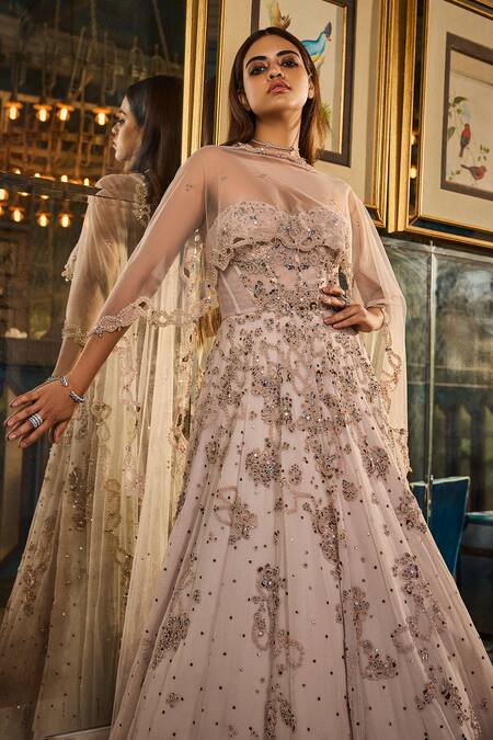 Dolly J Ivory Tulle, Chiffon Crystals, Beads Kamdani Embroidered Anarkali With Dupatta at Aza Fashions Dolly J_Ivory Tulle, Chiffon Crystals, Beads Kamdani Embroidered Anarkali With Dupatta _at_Aza_Fashions