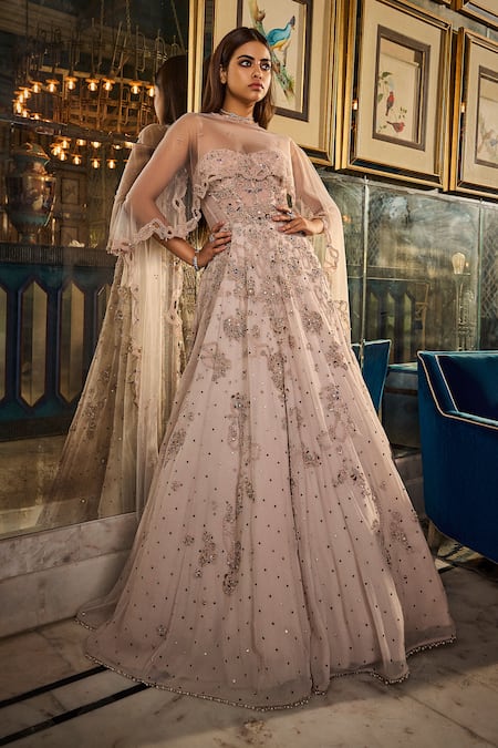 Shop Dolly J Ivory Tulle, Chiffon Crystals, Beads Kamdani Embroidered Anarkali With Dupatta at Aza Fashions Shop_Dolly J_Ivory Tulle, Chiffon Crystals, Beads Kamdani Embroidered Anarkali With Dupatta _at_Aza_Fashions