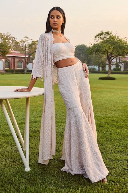 Shop Dolly J White Chiffon Embroidery Open Neck Quatrefoil Chikankari Jacket Sharara Set at Aza Fashions Shop_Dolly J_White Chiffon Embroidery Open Neck Quatrefoil Chikankari Jacket Sharara Set _at_Aza_Fashions