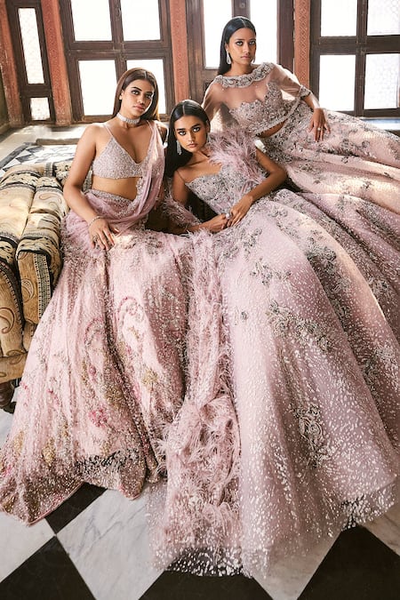 Dolly J_Pink Tulle Sequins, Crystals Plunge Neck Floret Embellished Lehenga Saree Set _Online_at_Aza_Fashions