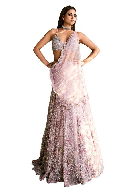 Buy_Dolly J_Pink Tulle Sequins, Crystals Plunge Neck Floret Embellished Lehenga Saree Set _Online_at_Aza_Fashions