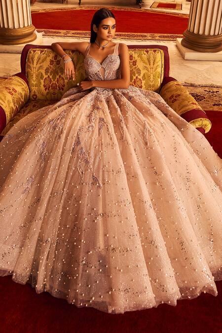 Buy Dolly J Grey Tulle Pearls, Zari Plunge Neck Cluster Embroidered Gown Online at Aza Fashions Buy_Dolly J_Grey Tulle Pearls, Zari Plunge Neck Cluster Embroidered Gown _Online_at_Aza_Fashions