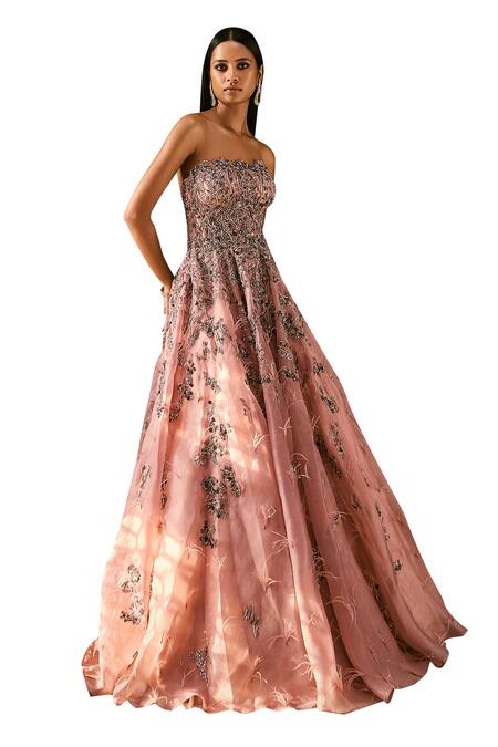 Dolly J Peach Organza Sequins, Beads, Feathers Off-shoulder Abstract Embellished Gown Online at Aza Fashions Dolly J_Peach Organza Sequins, Beads, Feathers Off-shoulder Abstract Embellished Gown _Online_at_Aza_Fashions