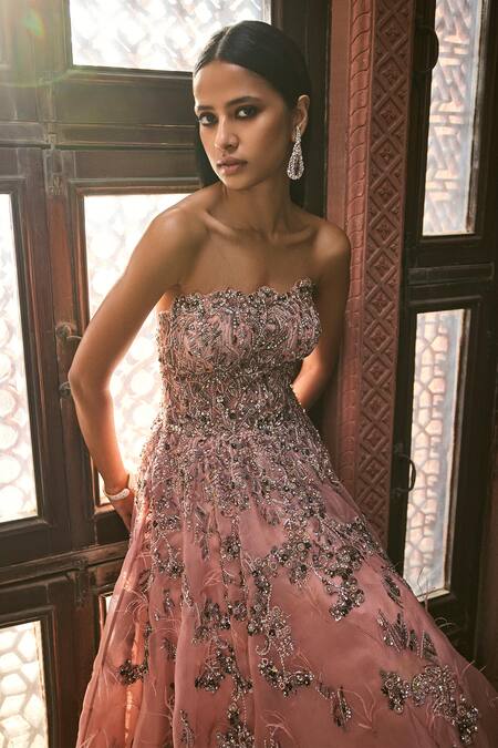 Buy Dolly J Peach Organza Sequins, Beads, Feathers Off-shoulder Abstract Embellished Gown Online at Aza Fashions Buy_Dolly J_Peach Organza Sequins, Beads, Feathers Off-shoulder Abstract Embellished Gown _Online_at_Aza_Fashions