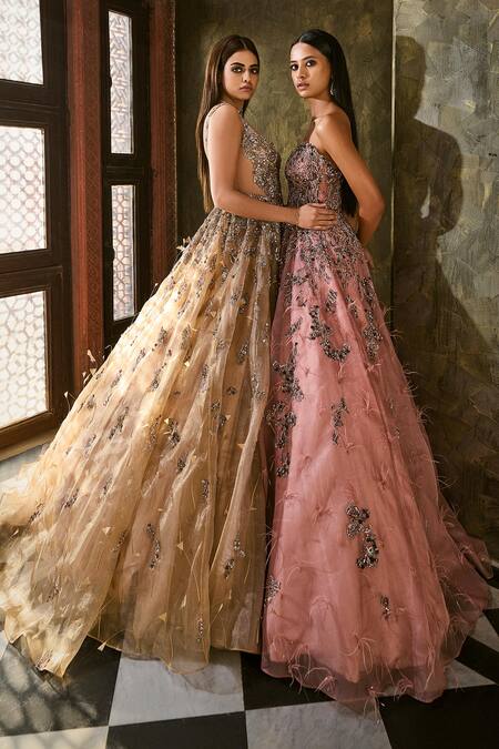 Shop Dolly J Peach Organza Sequins, Beads, Feathers Off-shoulder Abstract Embellished Gown Online at Aza Fashions Shop_Dolly J_Peach Organza Sequins, Beads, Feathers Off-shoulder Abstract Embellished Gown _Online_at_Aza_Fashions