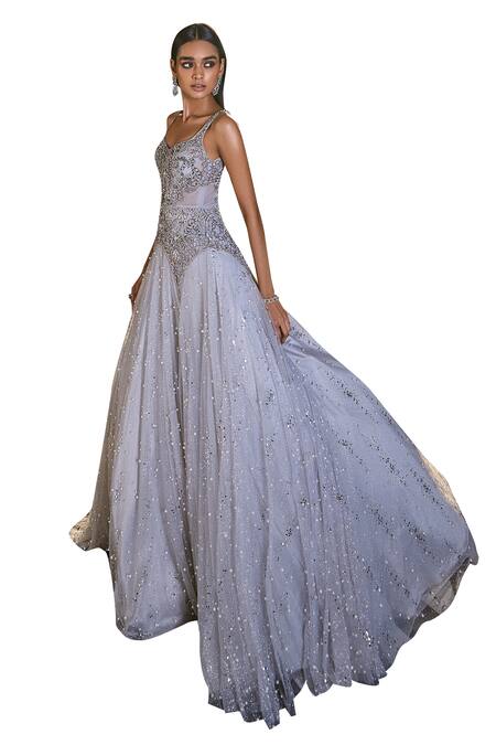 Dolly J_Grey Tulle Sequins, Beads, Cut Work Sweetheart Neck Tonal Embroidered Gown _Online_at_Aza_Fashions