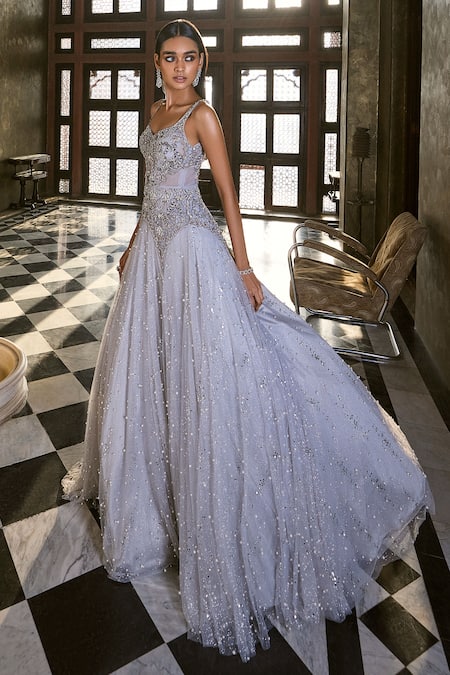 Buy_Dolly J_Grey Tulle Sequins, Beads, Cut Work Sweetheart Neck Tonal Embroidered Gown _Online_at_Aza_Fashions