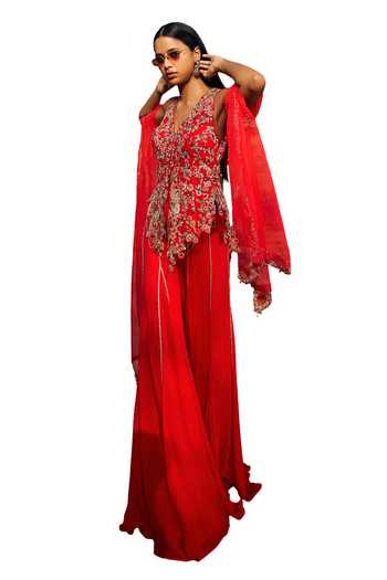 Dolly J_Red Organza, Chiffon Embroidery V-neck Rosette Jacket Tunic Sharara Set _Online_at_Aza_Fashions
