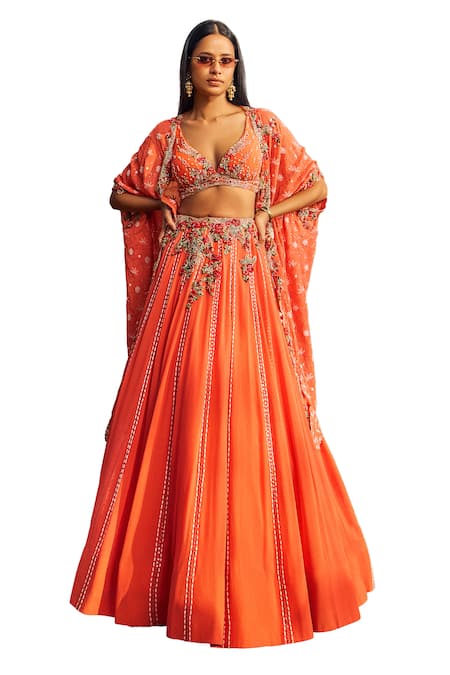 Dolly J_Orange Chiffon Beads, Ruffles Plunge Neck Rosette Embroidered Lehenga Set _Online_at_Aza_Fashions
