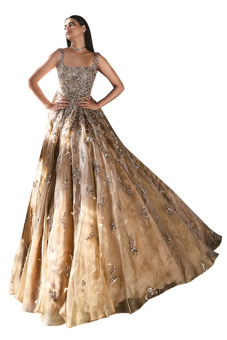 Shop Dolly J Gold Organza Sequins Asymmetric Embellished Bridal Gown Online at Aza Fashions Shop_Dolly J_Gold Organza Sequins Asymmetric Embellished Bridal Gown _Online_at_Aza_Fashions