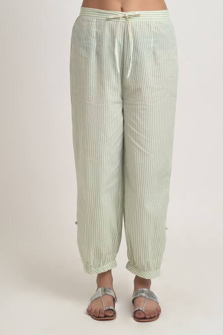 Shop_Barahmasi_Off White Cotton Hand Block Printed Floral Round Neck Kado Anarkali And Pant Set_Online_at_Aza_Fashions