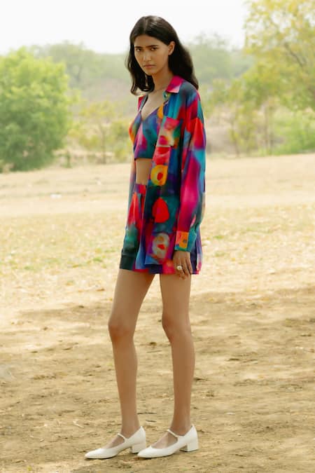 Raasa Multi Modal Print Blast Collar Neck Shirt Shorts Set Online at Aza Fashions Raasa_Multi Modal Print Blast Collar Neck Shirt Shorts Set _Online_at_Aza_Fashions