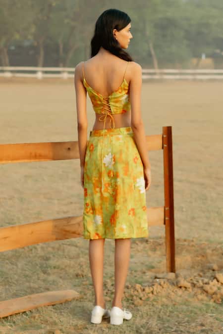 Shop Raasa Yellow Modal Print Bloom Square Neck Bustier at Aza Fashions Shop_Raasa_Yellow Modal Print Bloom Square Neck Bustier _at_Aza_Fashions