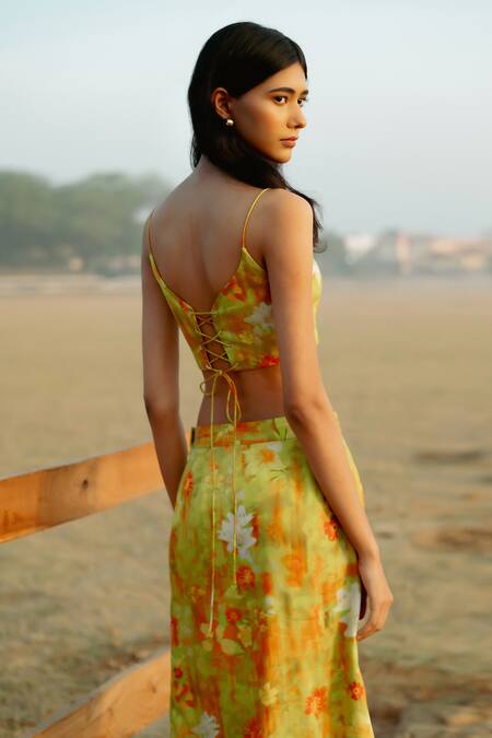 Shop Raasa Yellow Modal Print Bloom Square Neck Bustier Shop_Raasa_Yellow Modal Print Bloom Square Neck Bustier