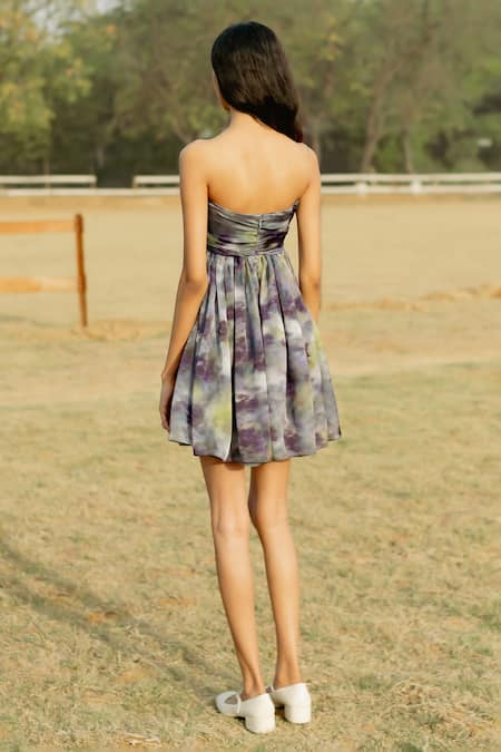 Shop Raasa Purple Organza Print Blossom Off Shoulder Fit And Flare Tube Dress at Aza Fashions Shop_Raasa_Purple Organza Print Blossom Off Shoulder Fit And Flare Tube Dress _at_Aza_Fashions