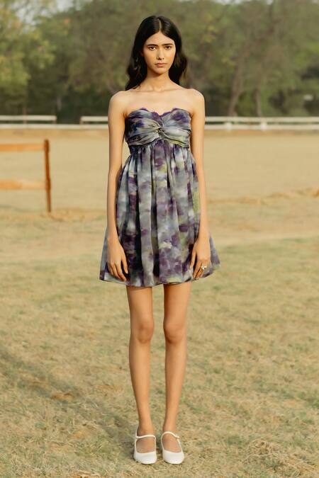 Raasa Purple Organza Print Blossom Off Shoulder Fit And Flare Tube Dress Online at Aza Fashions Raasa_Purple Organza Print Blossom Off Shoulder Fit And Flare Tube Dress _Online_at_Aza_Fashions