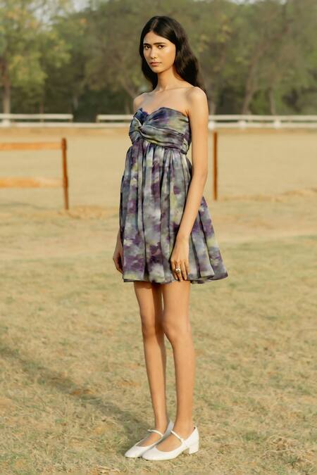 Shop Raasa Purple Organza Print Blossom Off Shoulder Fit And Flare Tube Dress Online at Aza Fashions Shop_Raasa_Purple Organza Print Blossom Off Shoulder Fit And Flare Tube Dress _Online_at_Aza_Fashions