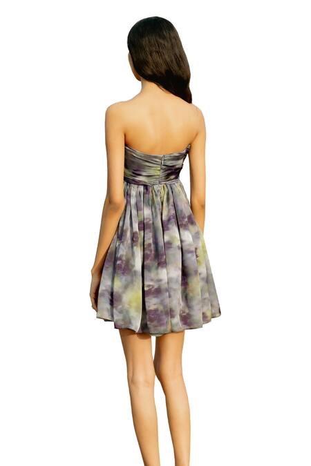 Raasa Purple Organza Print Blossom Off Shoulder Fit And Flare Tube Dress at Aza Fashions Raasa_Purple Organza Print Blossom Off Shoulder Fit And Flare Tube Dress _at_Aza_Fashions
