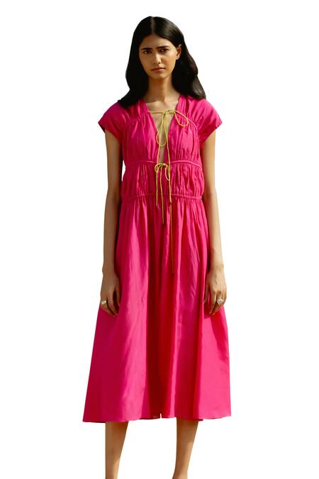 Raasa Pink Cotton Muslin Solid V Neck Front Tie Up Midi Dress Online at Aza Fashions Raasa_Pink Cotton Muslin Solid V Neck Front Tie Up Midi Dress _Online_at_Aza_Fashions